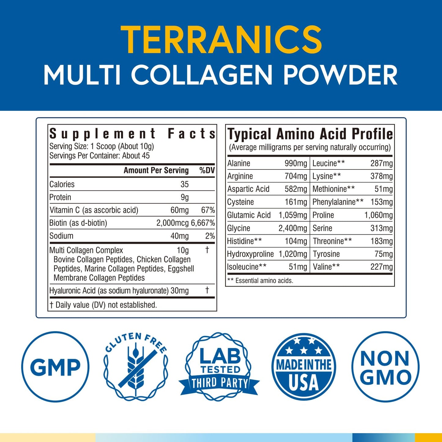 Terranics Multi Collagen Powder Type I II II V X with Biotin VC Hyaluronic Acid, Paleo