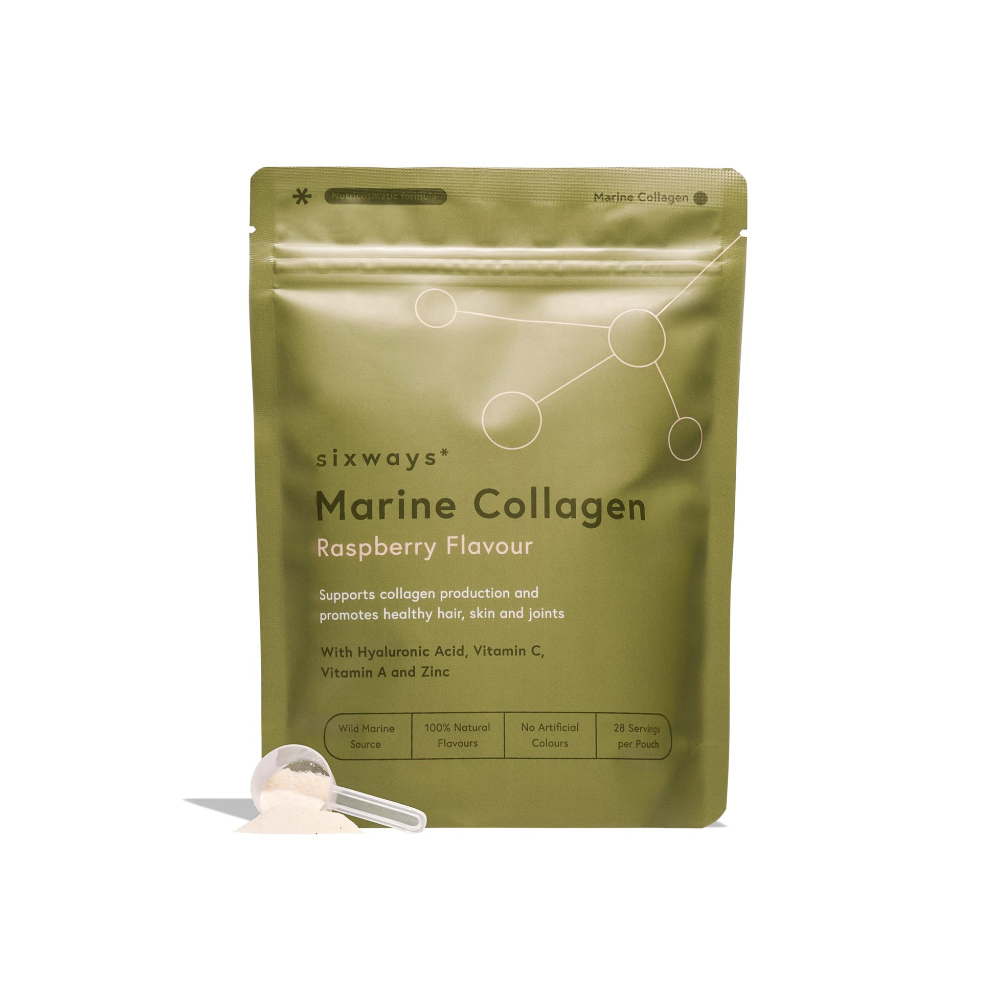 Sixways Wild Marine Collagen Powder, Raspberry Flavour, 28 Servings (150g per pouch