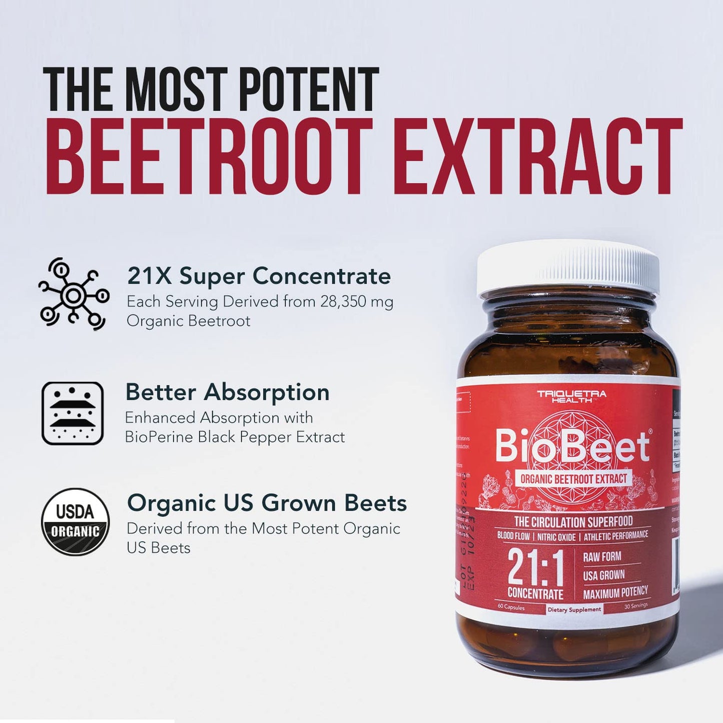 BioBeet Max Strength Beet Root Capsules - 21:1 Concentrate, Each Serving Derived from 28,350 mg