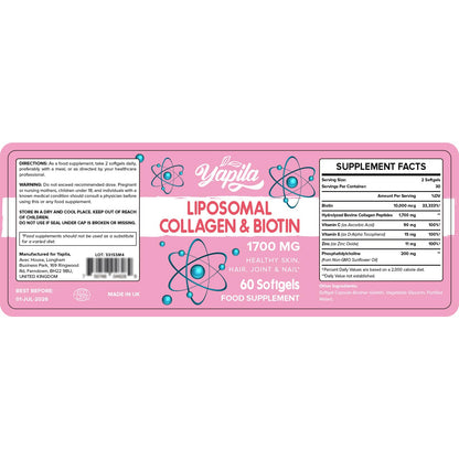 Liposomal Collagen Biotin Capsules, Hydrolyzed Bovine Collagen Peptides 1700 mg, Types 1 & 3 Protein