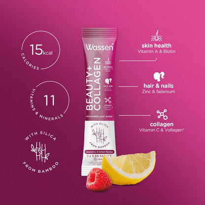 Wassen Beauty and Collagen - Plant-Based Vegan Collagen - 14 Raspberry & Lemon Flavoured Sachets