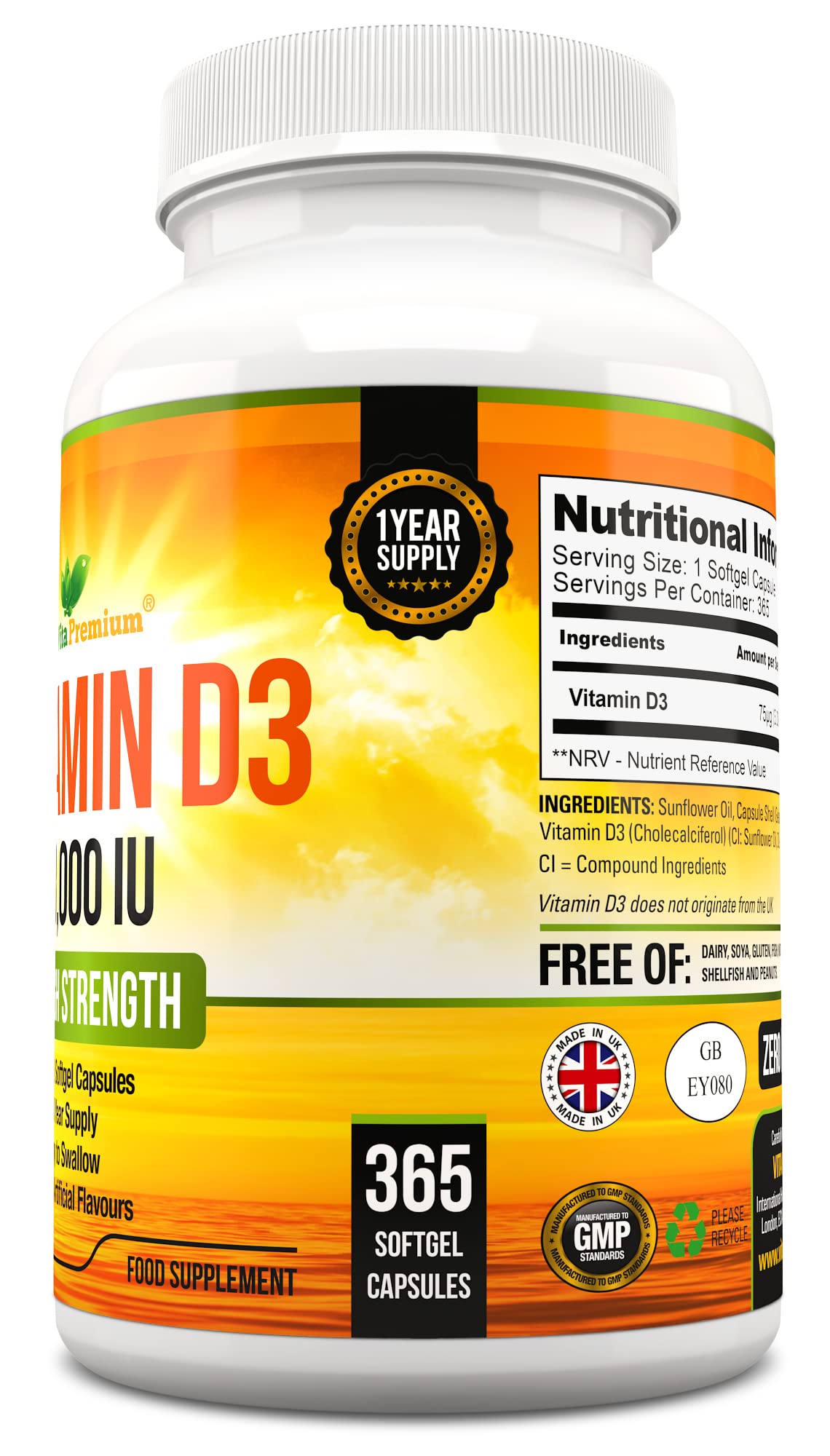 Vitamin D 3,000 IU, High Strength Vitamin D3 Supplement, 365 Easy to Swallow Softgels