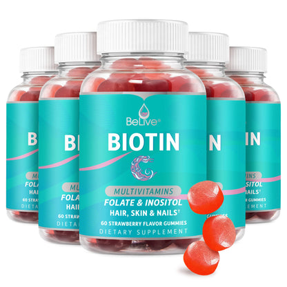 BeLive Biotin Gummies - Skin, Nails & Hair Vitamins with A, C, D, E, B12, Zinc, Folate & Inositol