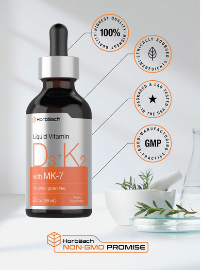 Horbäach Vitamin D3 + K2 Liquid Drops | with MK7 | 2 Fl Oz | Vegetarian | Non-GMO