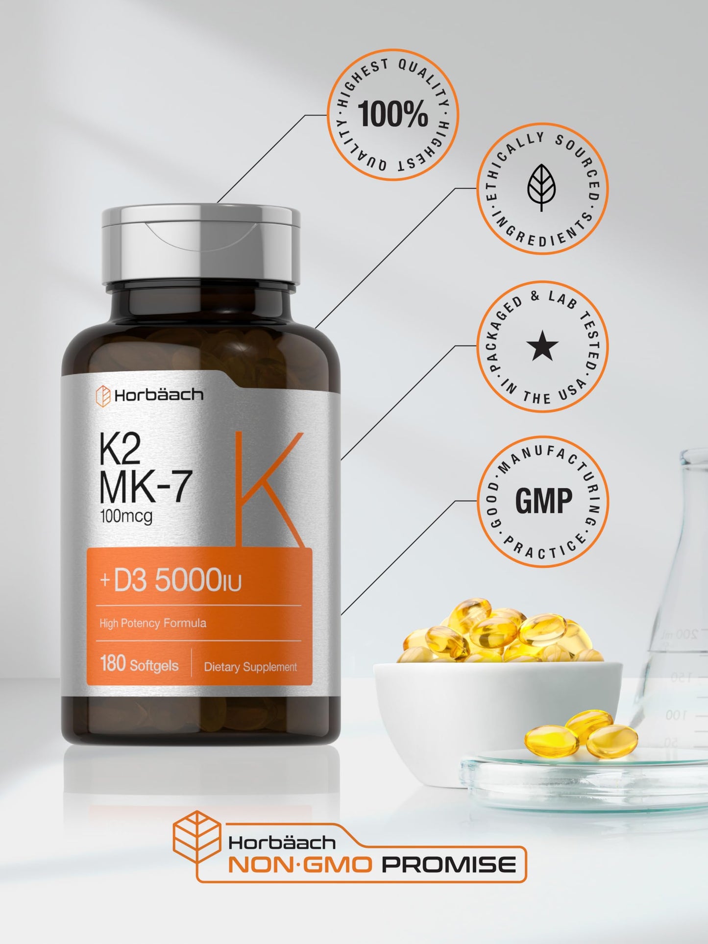 Horbäach Vitamin D3 K2 | 5000iu of Vitamin D & 100mcg MK-7 Complex | 180 Softgel Cap