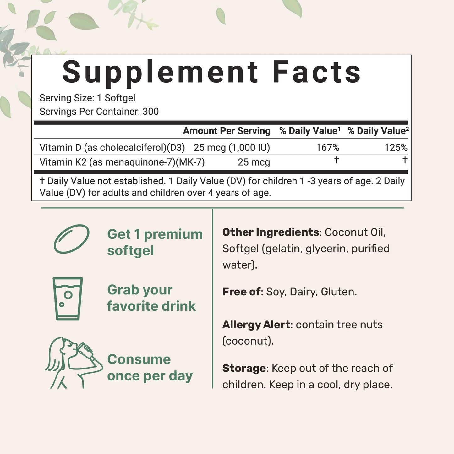 Micro Ingredients Vitamin D3 1,000 iu Plus K2 (MK-7) 25 mcg, 300 Virgin Coconut Oil