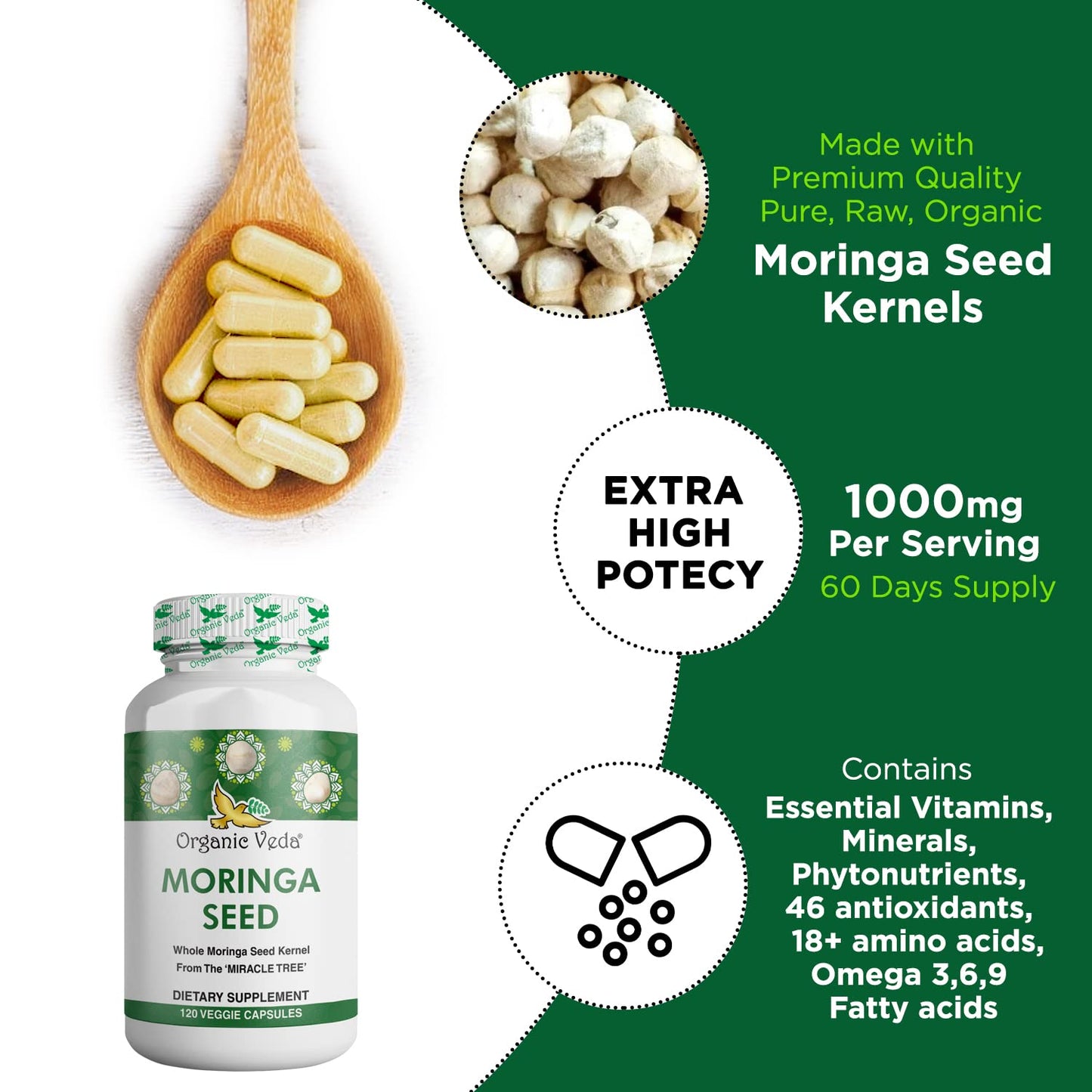 Organic Veda Moringa Seed Capsules - Pure Organic Moringa Capsules Seed Powder