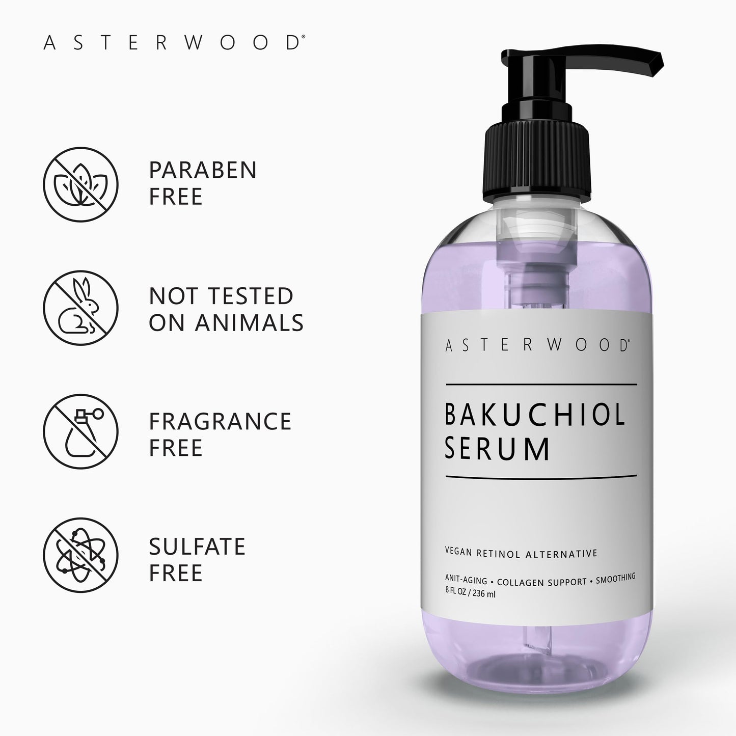 ASTERWOOD Bakuchiol Serum for Face - Retinol Alternative Bakuchiol Oil - Plumping, Anti-Aging and Anti-Wrinkle - Smoothing Skin Care - 8 oz