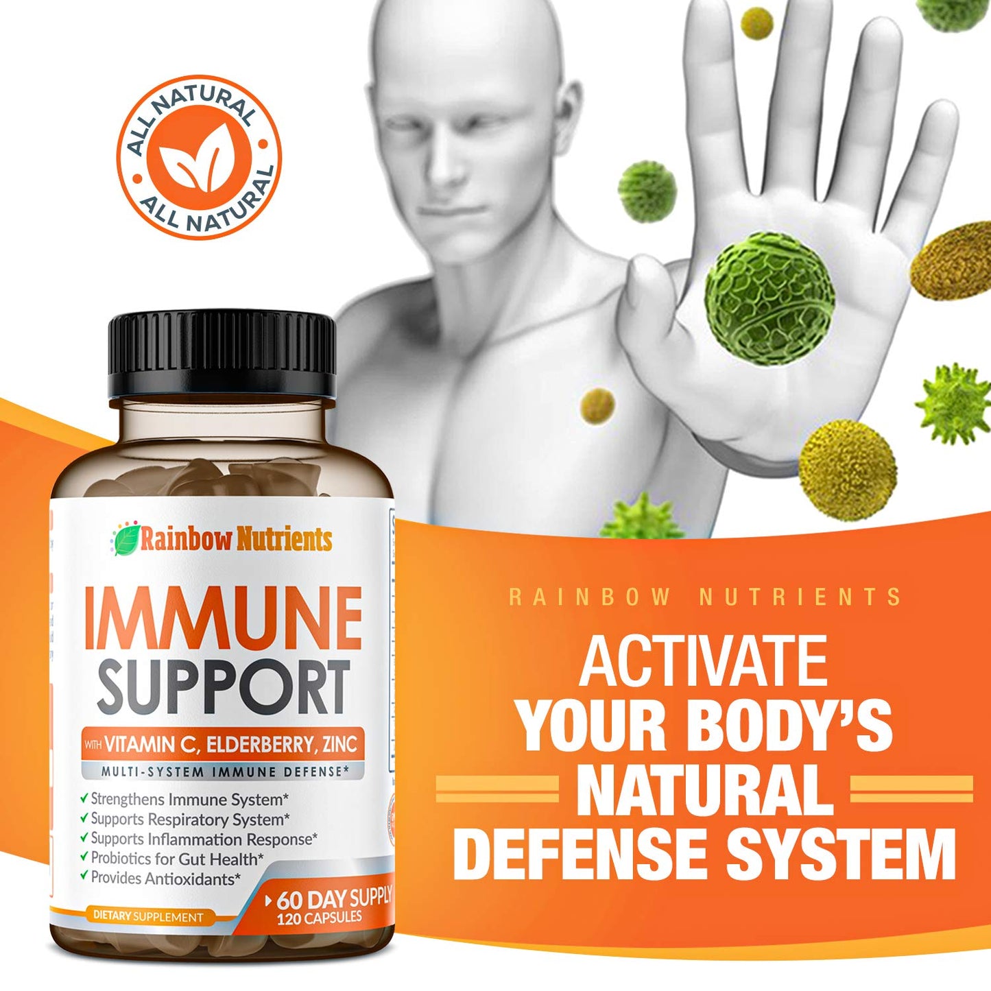 10 in 1 Immune Support Supplement (No Fillers) | Vitamin C, Zinc, Elderberry, Echinacea