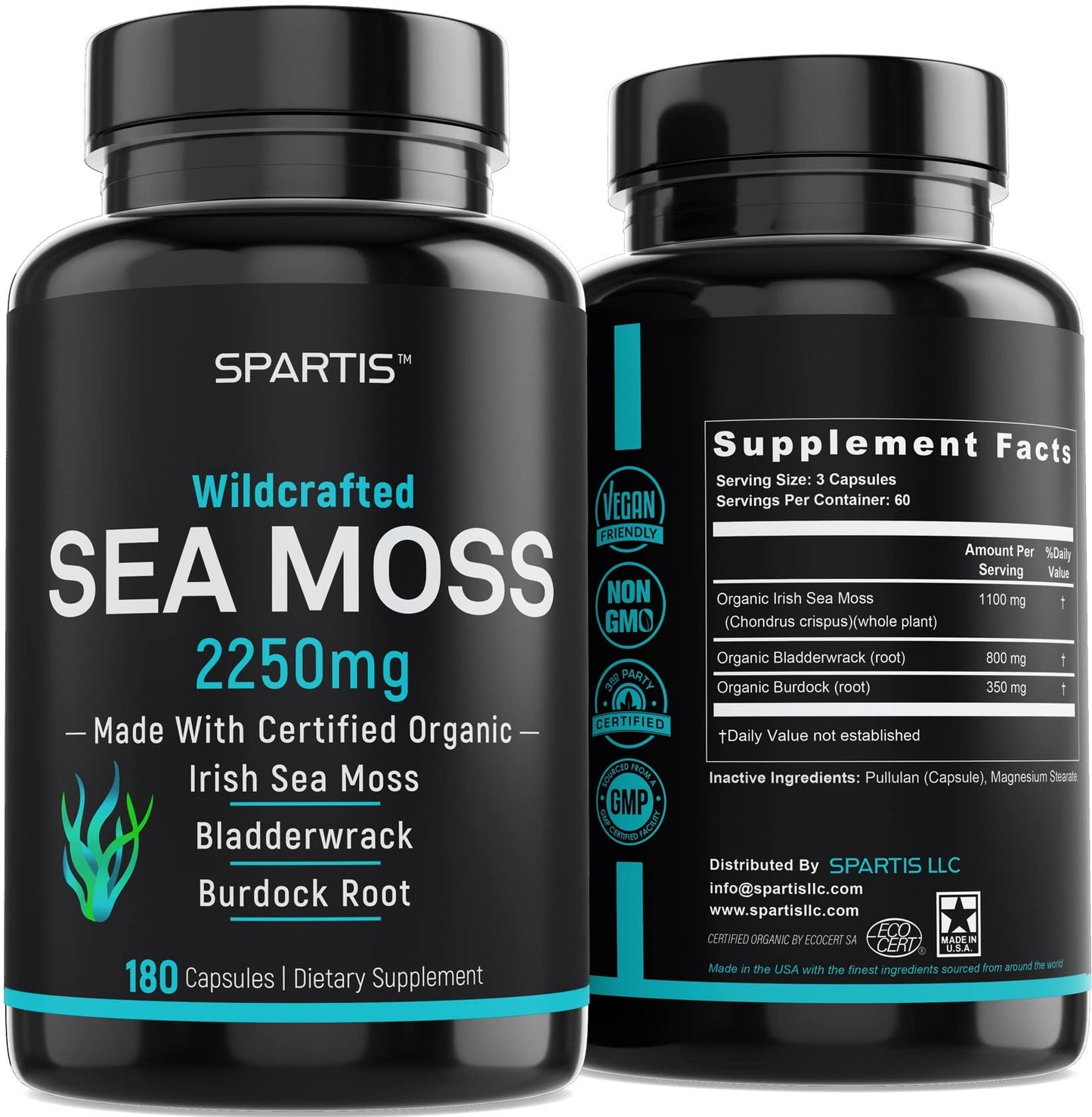 Certified Organic Sea Moss Capsules 2250mg Wildcrafted Irish Sea Moss Burdock Root 