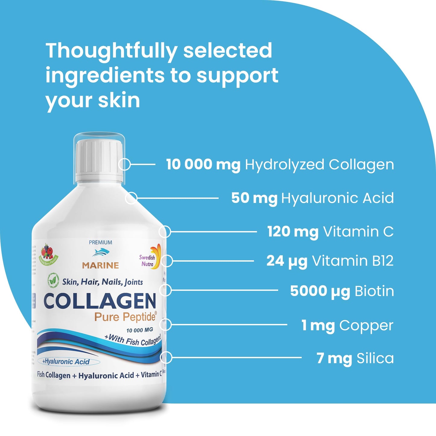 Marine Liquid Collagen 10000mg 500 ml I Pure Hydrolyzed Collagen Peptides