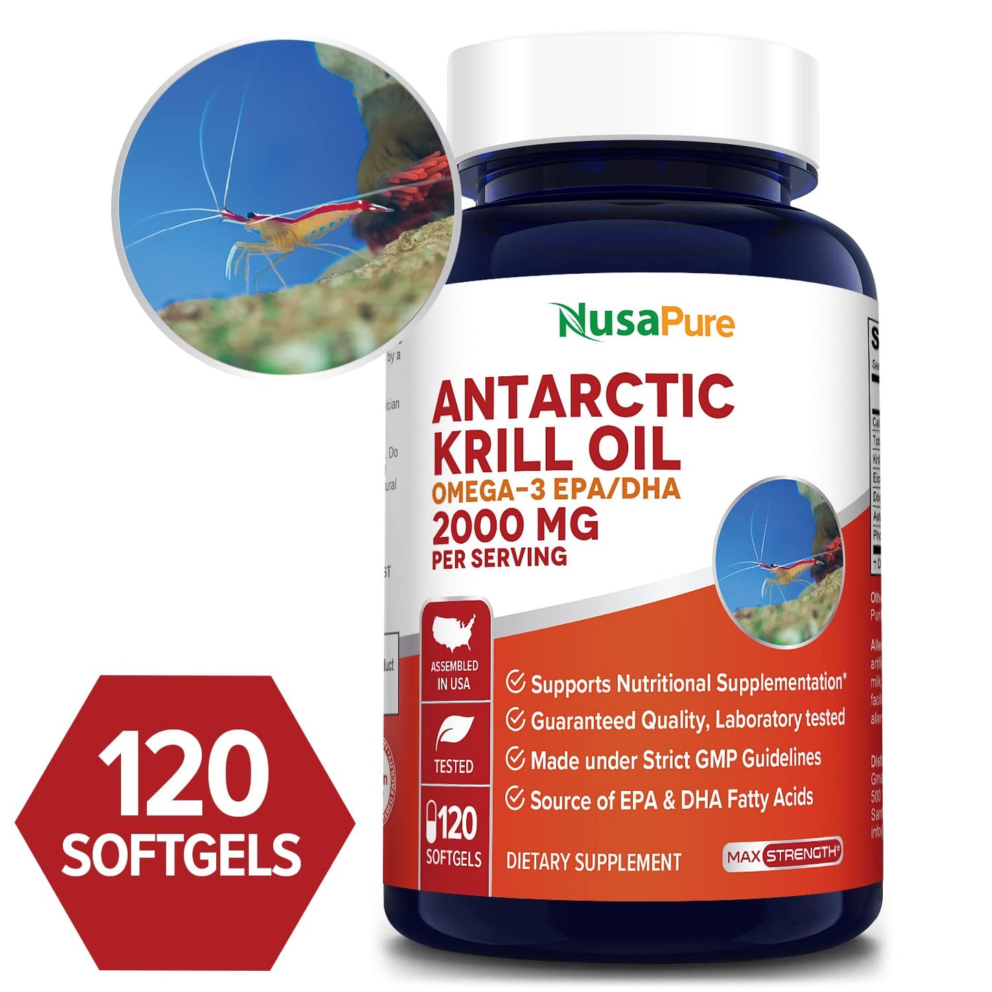 NusaPure Antarctic Krill Oil 2000 mg 120 Softgels, Omega-3 EPA 360mg, DHA 240mg