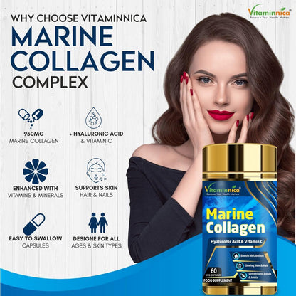 Vitaminnica Marine Collagen Capsules with Hyaluronic Acid & Vitamin C - Skin, Hair, Bones & Joints