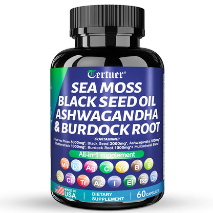 Sea Moss 3000mg Black Seed Oil 2000mg Ashwagandha 1000mg Turmeric 1000mg