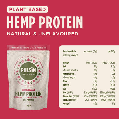 Pulsin - Natural Unflavoured Vegan Hemp Protein Powder - 1kg - 4.9g Protein, 0.4g Carbs, 35 Kcal Per Serving