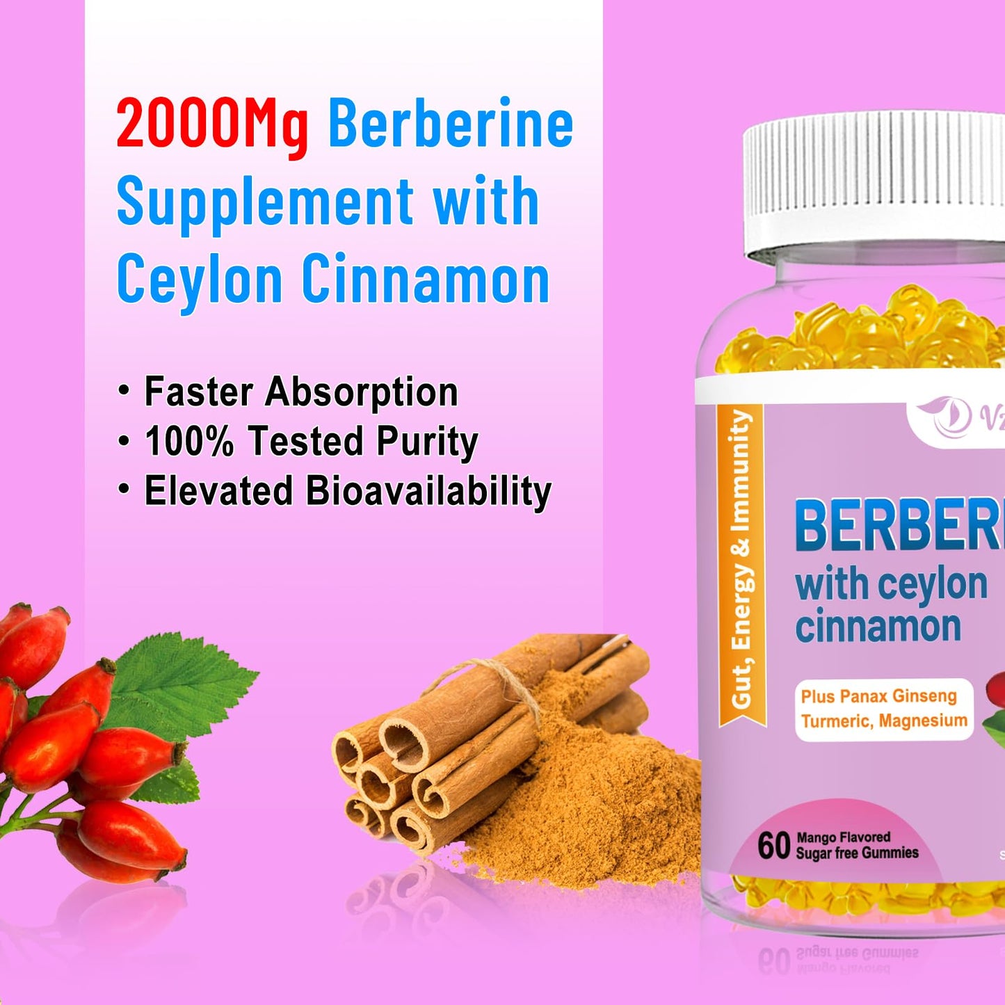 2 Pack Berberine with Ceylon Cinnamon Gummies, 2000mg High Potency Berberine HCI