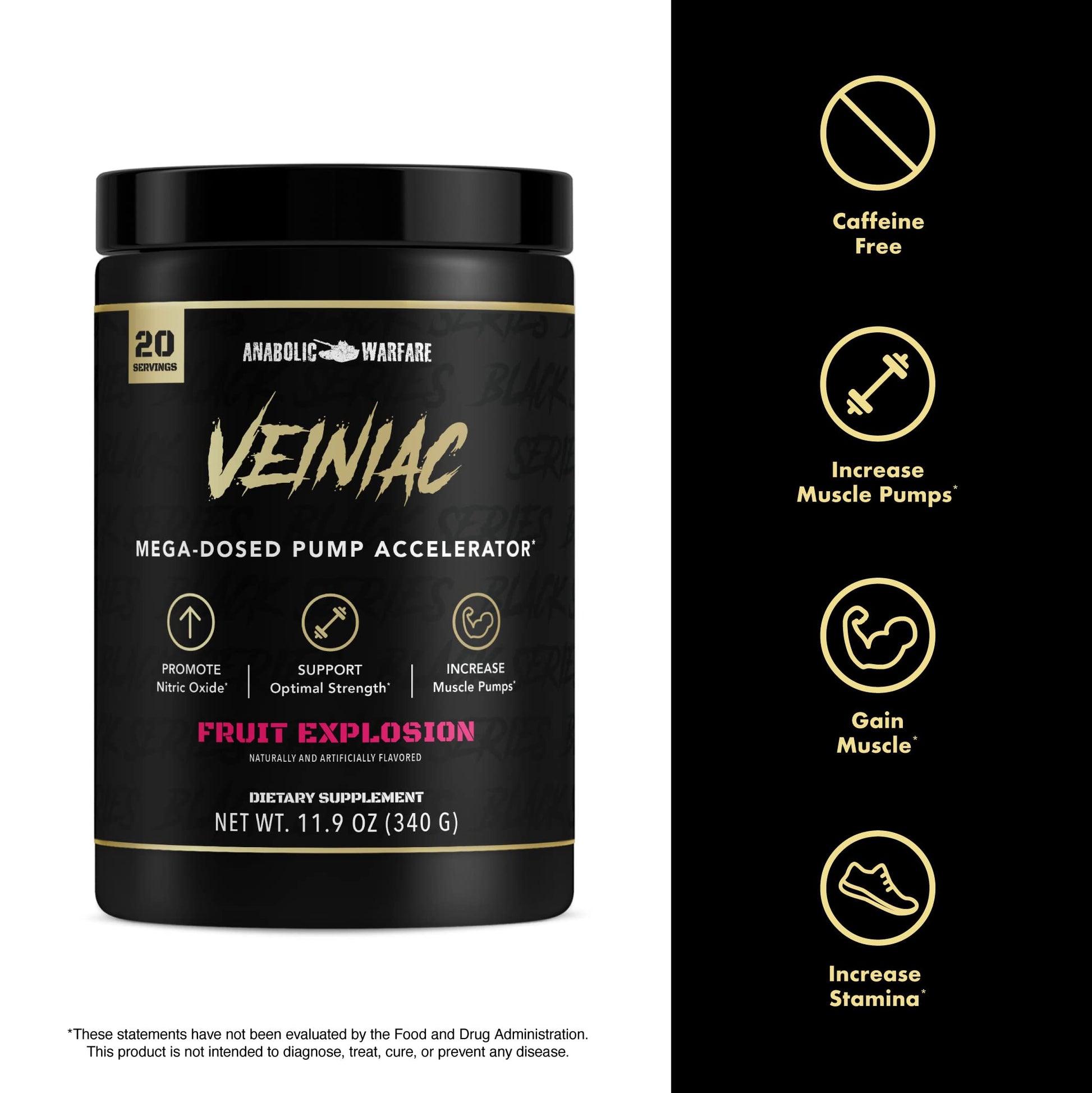 Anabolic Warfare Veiniac Muscle Pump Activator Supplement Stimulant Free Pre-Workout with L-Citrulline, Betaine Anhydrous, & Added AGMass™, Increases Nitric Oxide*, Fruit Punch 20 Servings