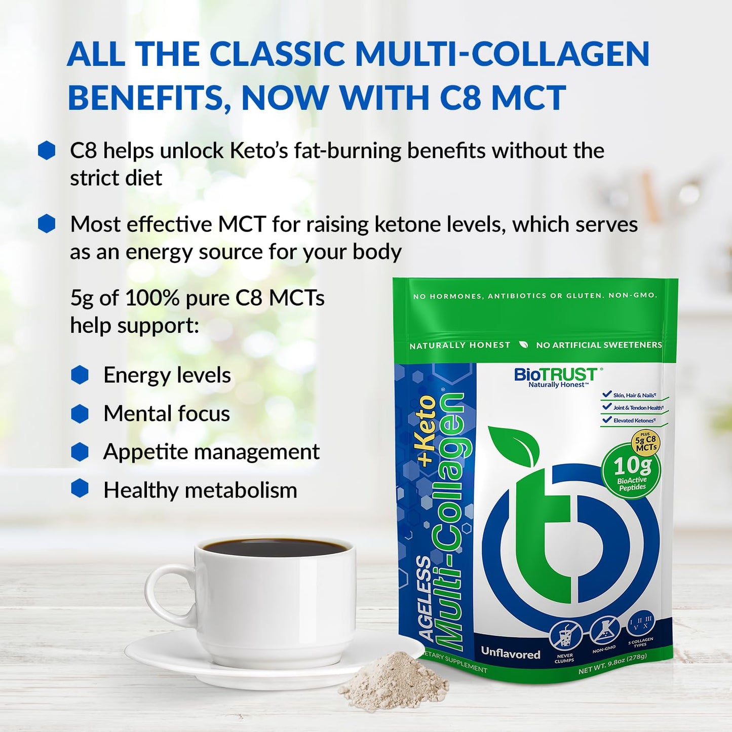 BioTrust Multi-Collagen Protein Powder + Keto MCT Oil – 5 Collagen Types Plus 100%