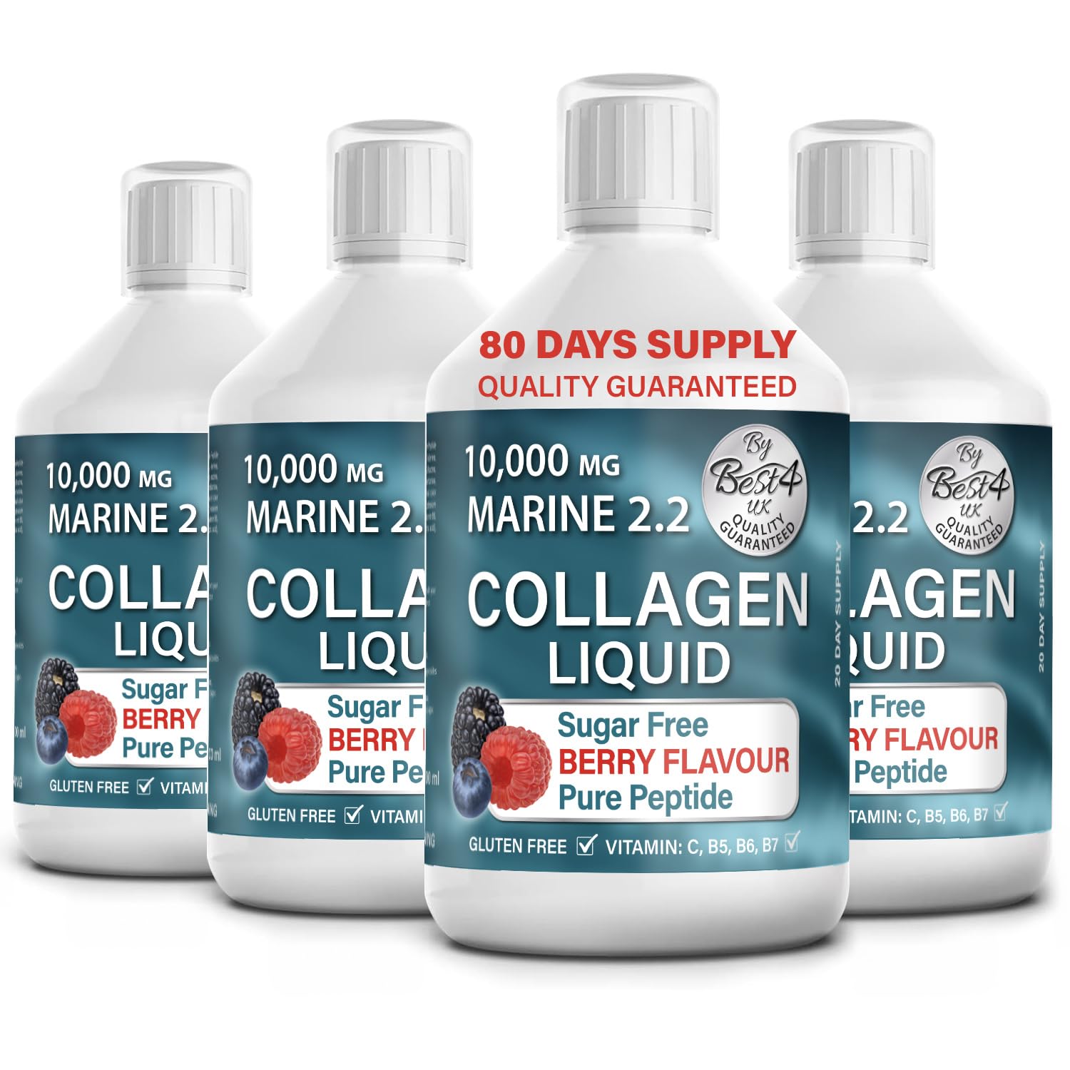 4 Pack Marine Collagen 2.2 Liquid 10000mg Sugar Free Ready to Drink Berry Flavour