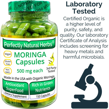 150 Moringa Capsules Made With USDA Certified Organic Moringa Leaf Powder