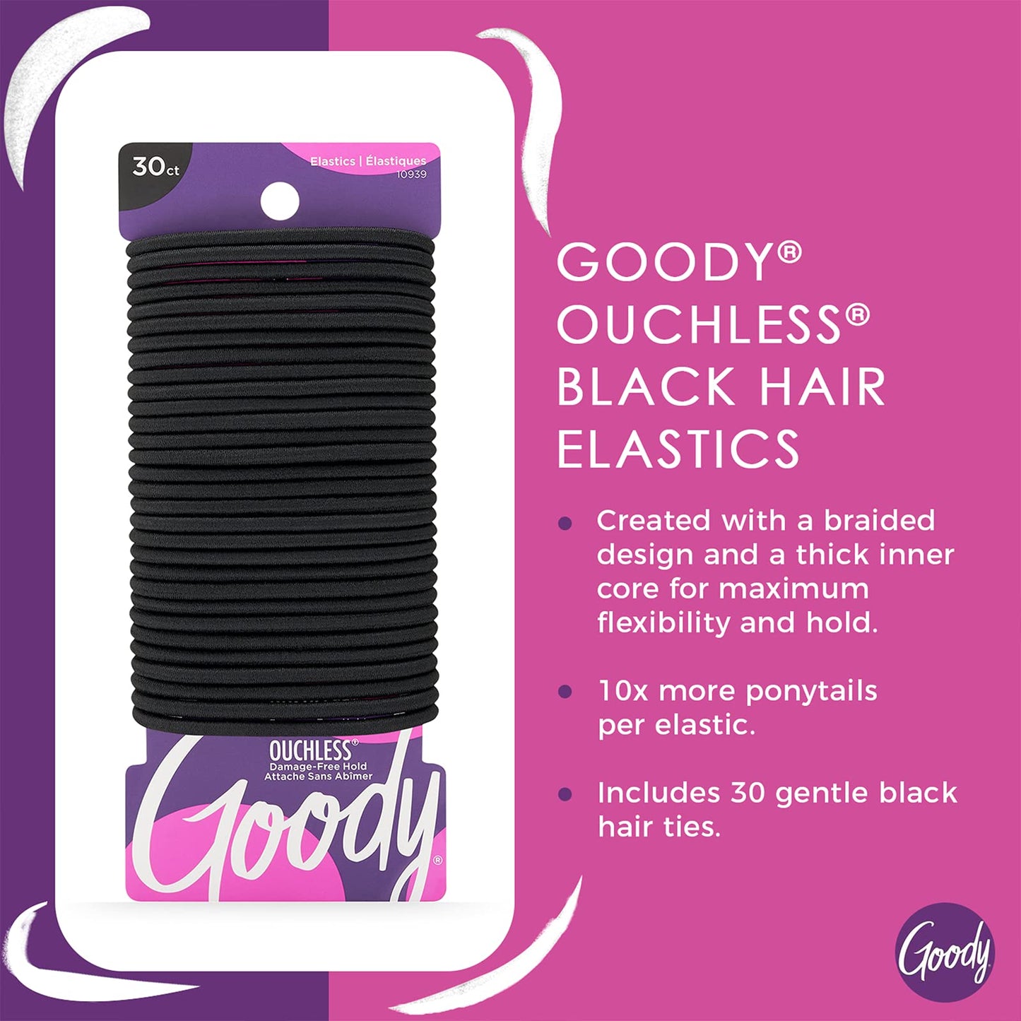 GOODY Womens Ouchless Braided Elastics, Black, 30 Count