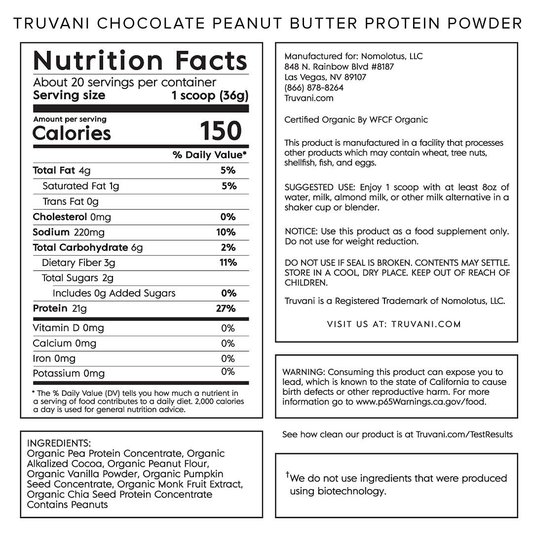 Truvani Vegan Chocolate Peanut Butter Protein Powder - 20g Plant-Based Protein, Gluten