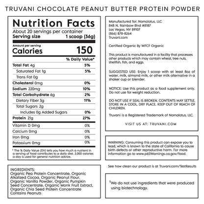 Truvani Vegan Chocolate Peanut Butter Protein Powder - 20g Plant-Based Protein, Gluten