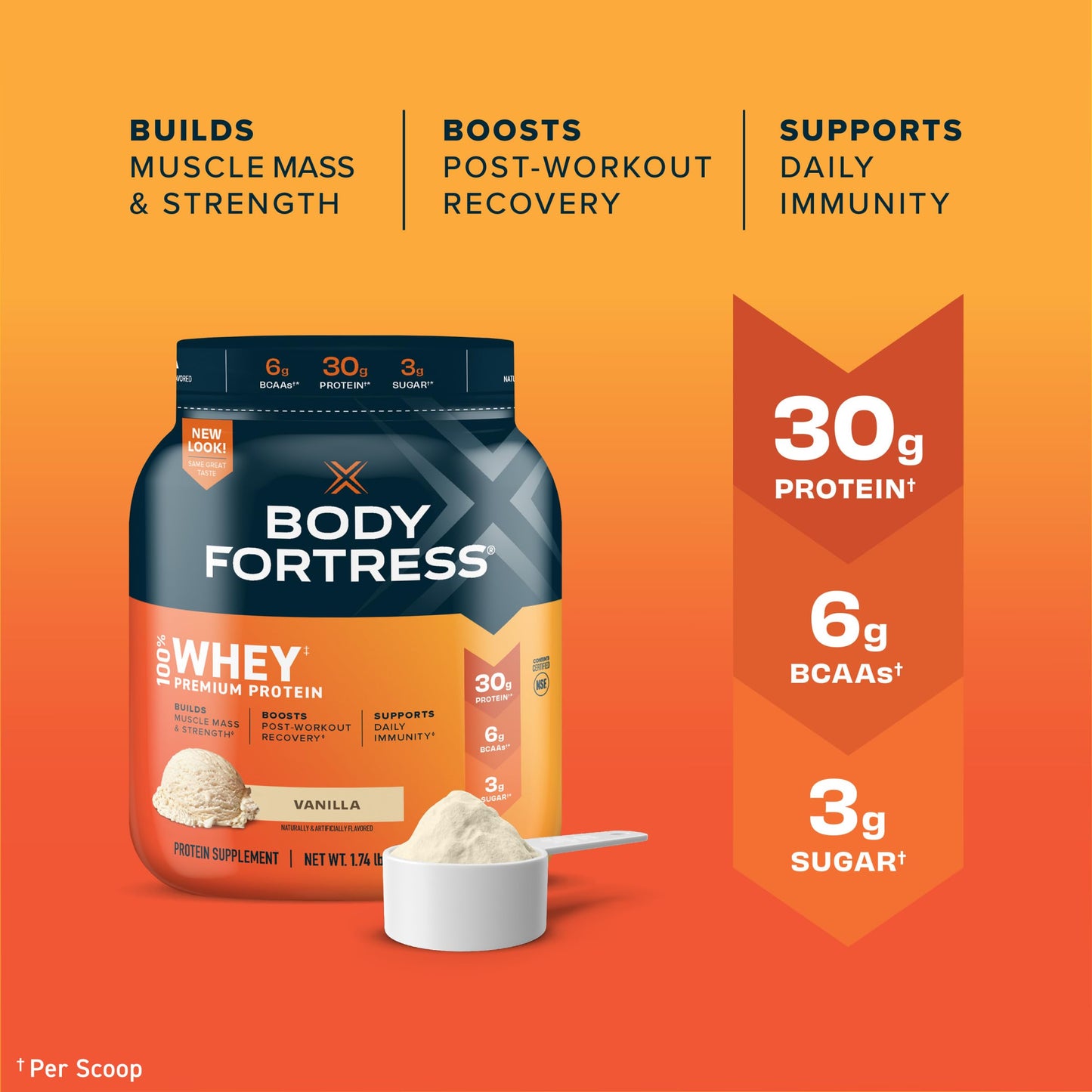 Body Fortress 100% Whey, Premium Protein Powder, Vanilla, 1.74lbs (Packaging May Vary)