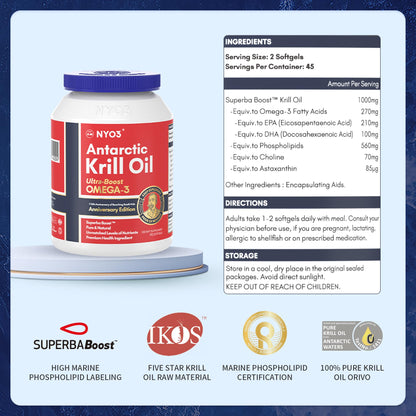 NYO3 Antarctic Krill Oil 1000mg Omega 3 Supplement, EPA & DHA, 90 Softgels Astaxanthin