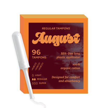 August Organic Cotton Tampons, Regular tampons, BPA Free Long Applicators, Non-Toxic Organic