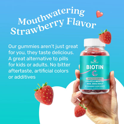 BeLive Biotin Gummies - Skin, Nails & Hair Vitamins with A, C, D, E, B12, Zinc, Folate & Inositol