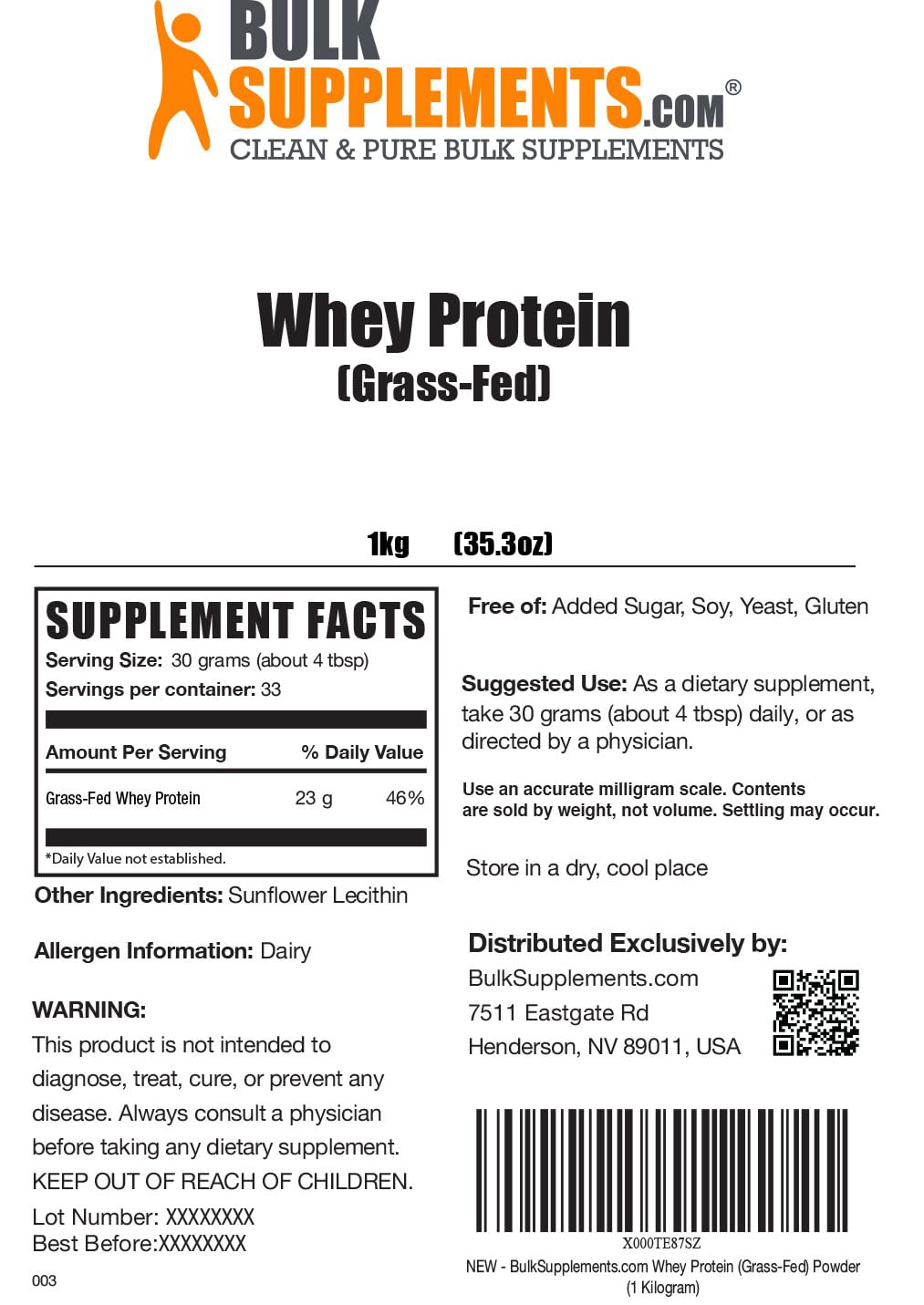 BULKSUPPLEMENTS.COM Grass Fed Whey Protein Powder - Pure Protein Powder