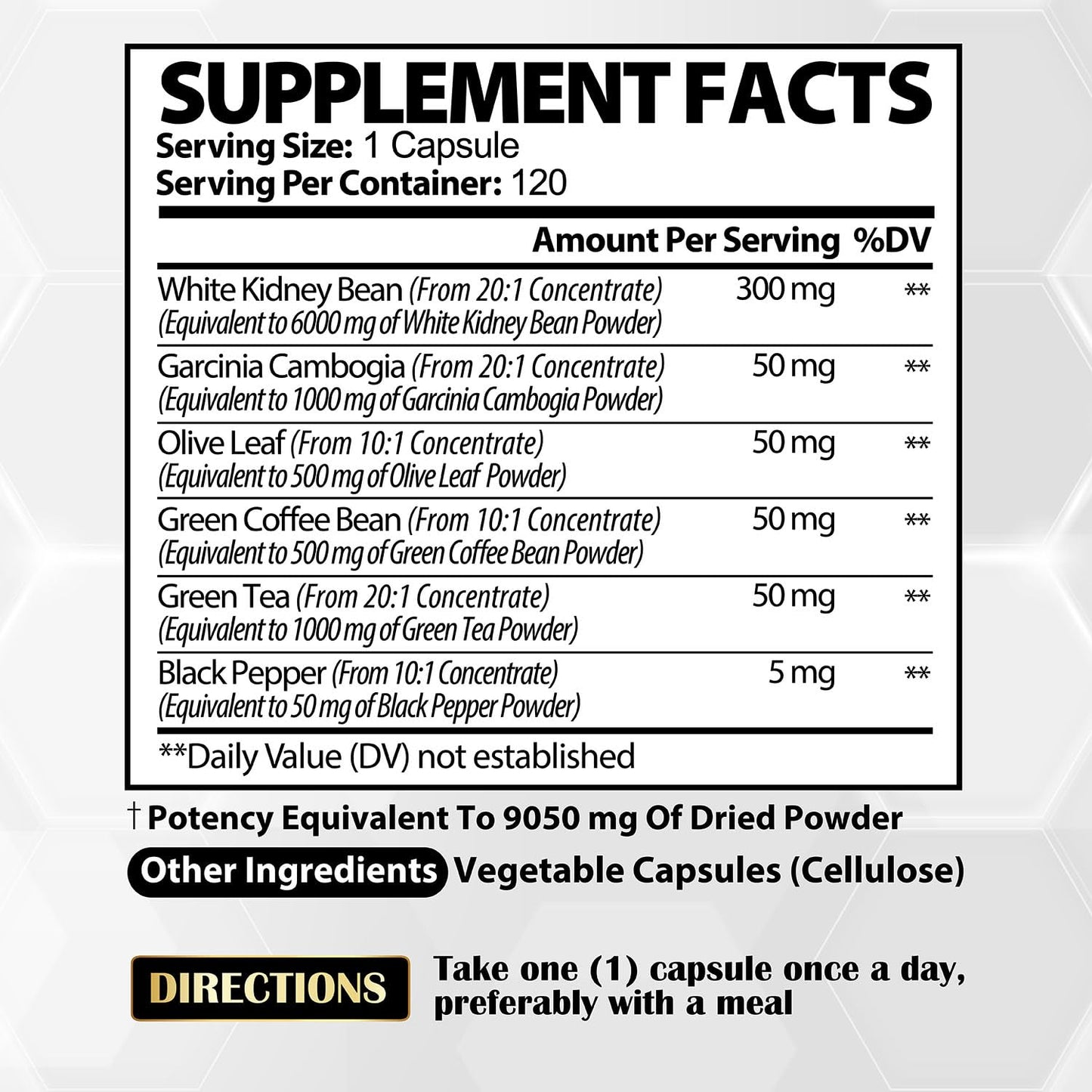 6in1 White Kidney Bean Extract Capsules 9050 Mg - with Garcinia Cambogia, Olive Leaf