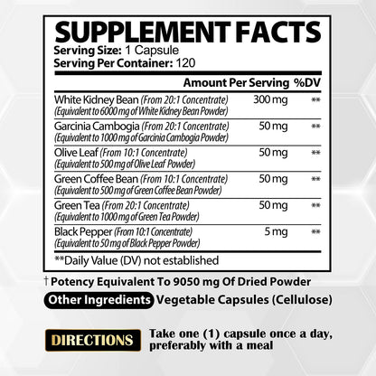 6in1 White Kidney Bean Extract Capsules 9050 Mg - with Garcinia Cambogia, Olive Leaf