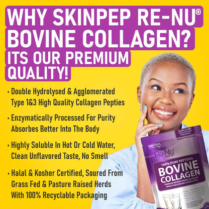 Collagen Powder, Ultra Premium Hydrolysed Bovine Collagen Peptides by SkinPep