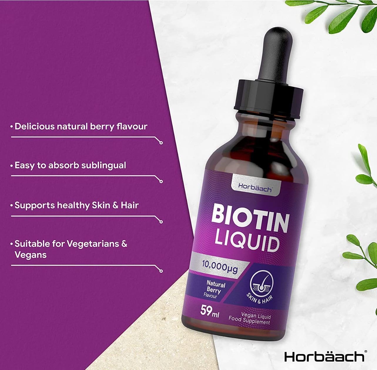 Biotin Liquid Drops for Hair & Skin Support | 10000 mcg Supplement | 59 ml Vitamin B7