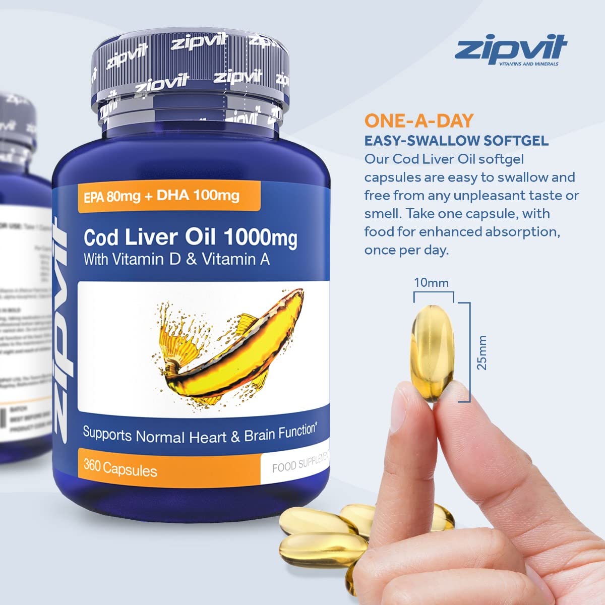 Cod Liver Oil 1000mg, 360 Capsules of High Strength Fish Oil, Rich in Omega 3. Supports