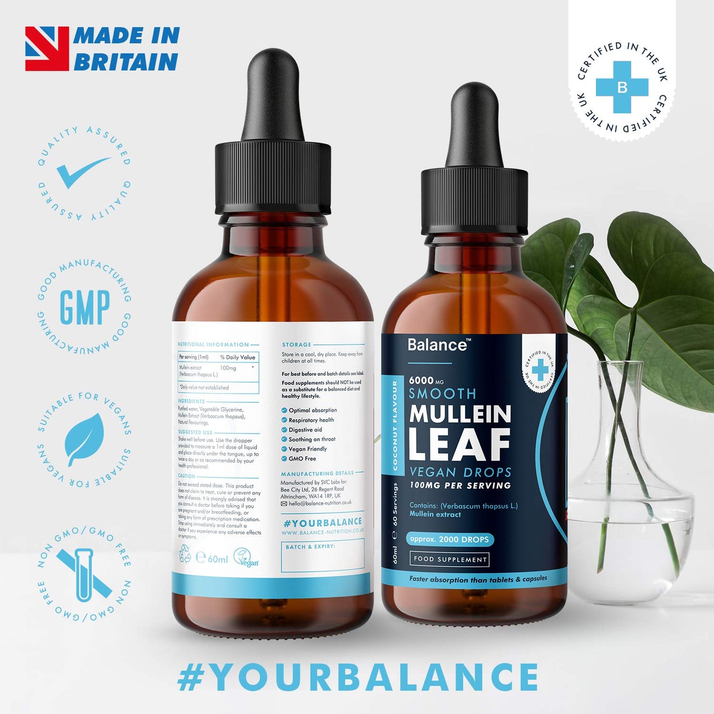 Balance Mullein Leaf Liquid Drops - 60ml for 2 Month Supply - High Strength - Vegan