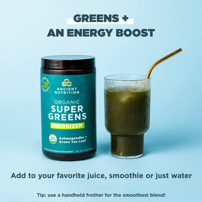 Ancient Nutrition Supergreens Energizer Powder, Organic Superfood Powder with Caffeine