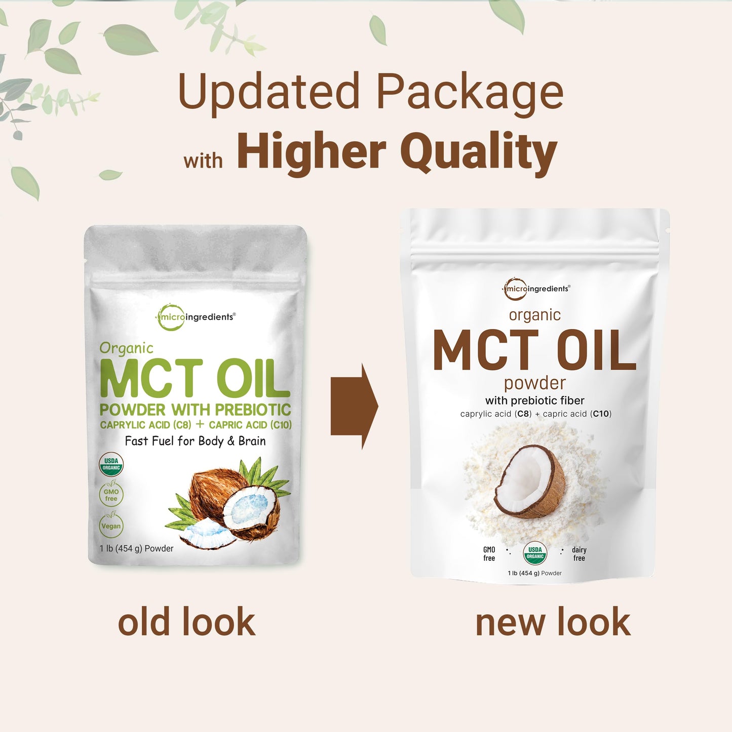 Micro Ingredients Organic MCT Oil Powder with Prebiotic Fiber,1 Pound(16 Ounce), Fast Fuel for Body and Brain, C8 MCT Oil for Coffee Creamer, No GMOs, Keto Diet, Vegan