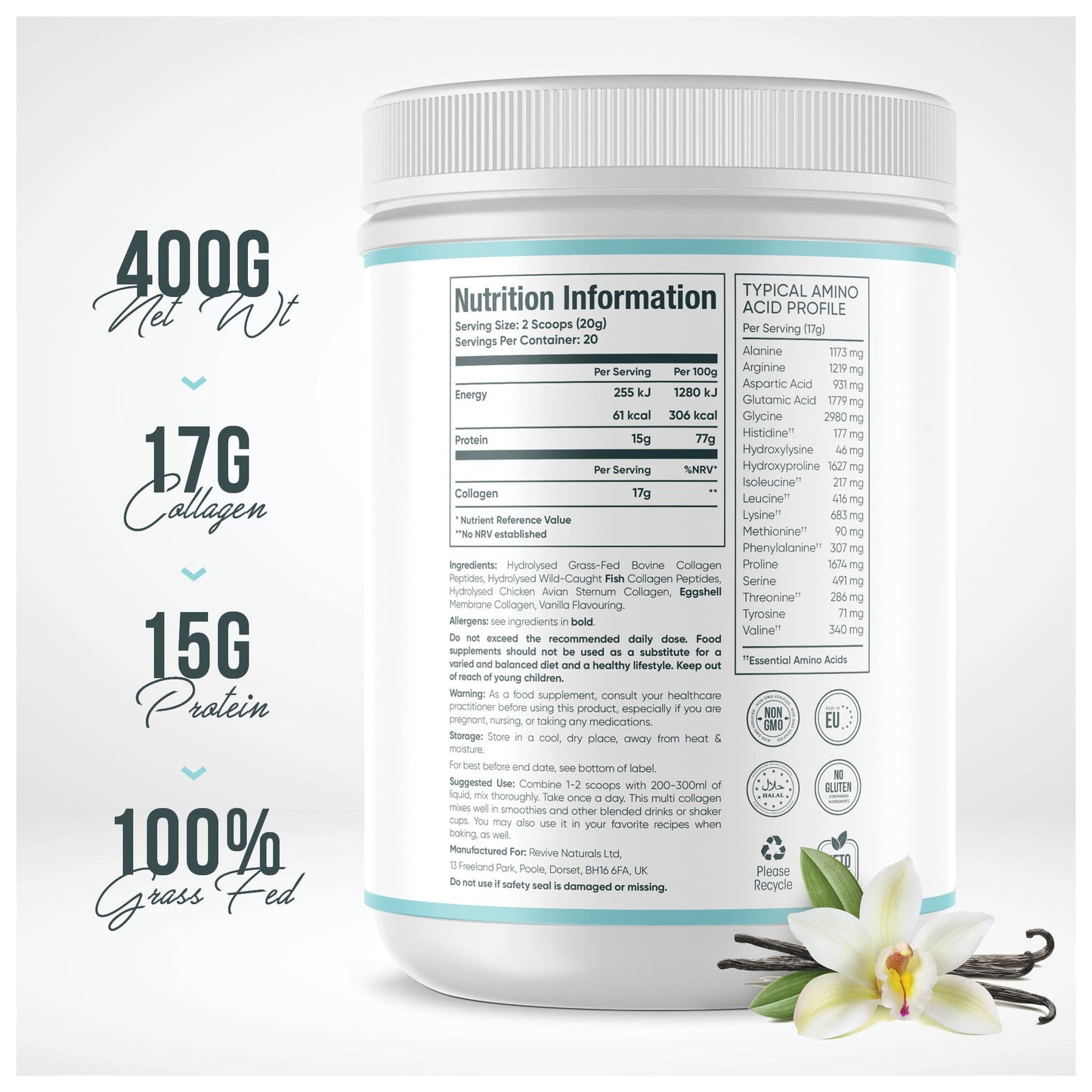 Vanilla Multi Collagen Protein Powder - 400g - Unsweetened - 5 Types of Collagen Peptides