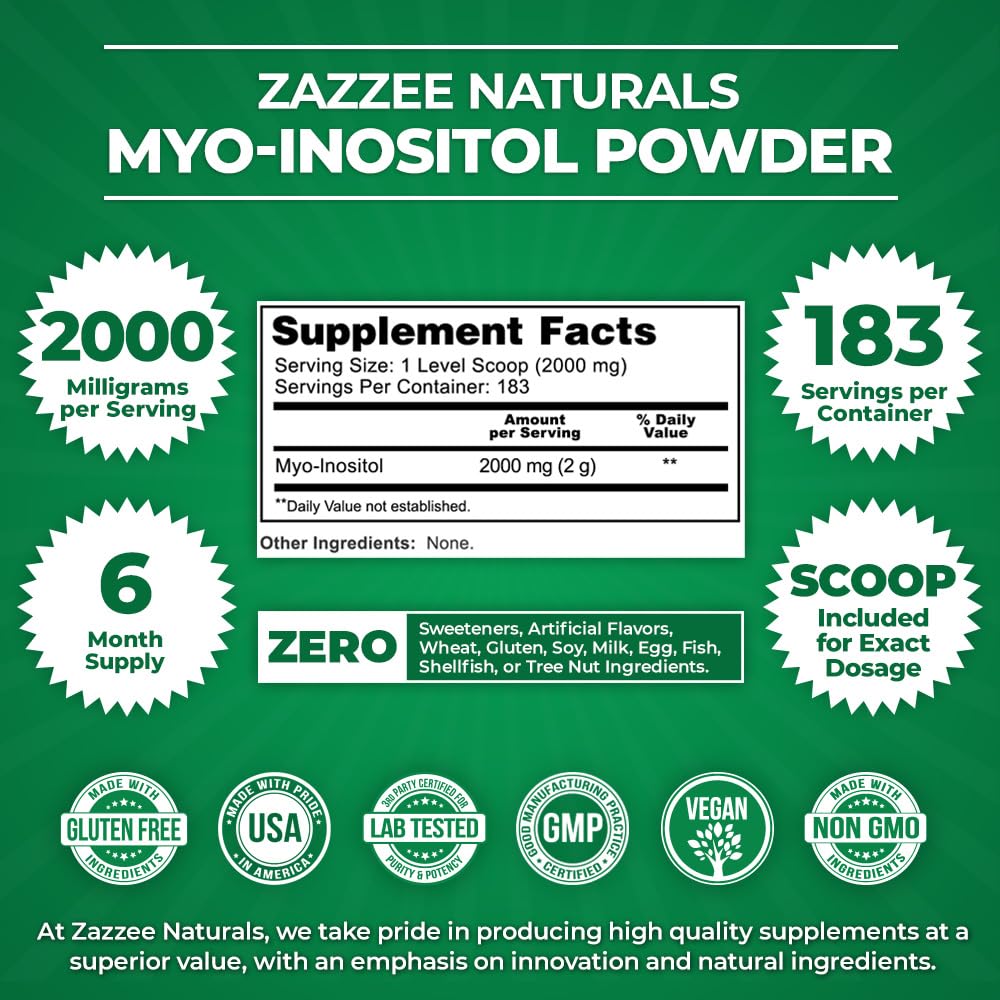 Zazzee Myo-Inositol Powder, 6 Month Supply, 183 Servings, 2000 mg per Serving