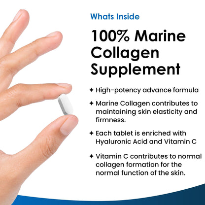 Pure Marine Collagen 100% Marine Collagen Type 1 1500mg - Hydrolysed Collagen Peptides Enhanced with Hyaluronic Acid & Vitamin C