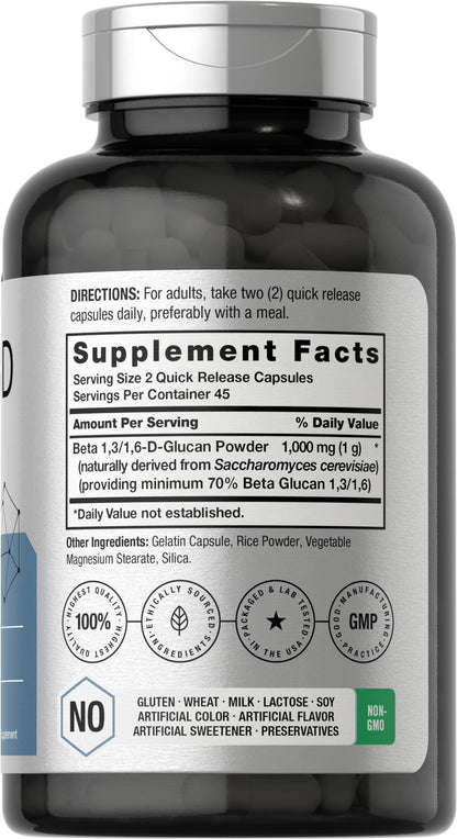 Beta Glucan 1 3D 1000 mg | 90 Capsules | Beta 1,3, 1,6 D Glucan | Non-GMO, Gluten Free