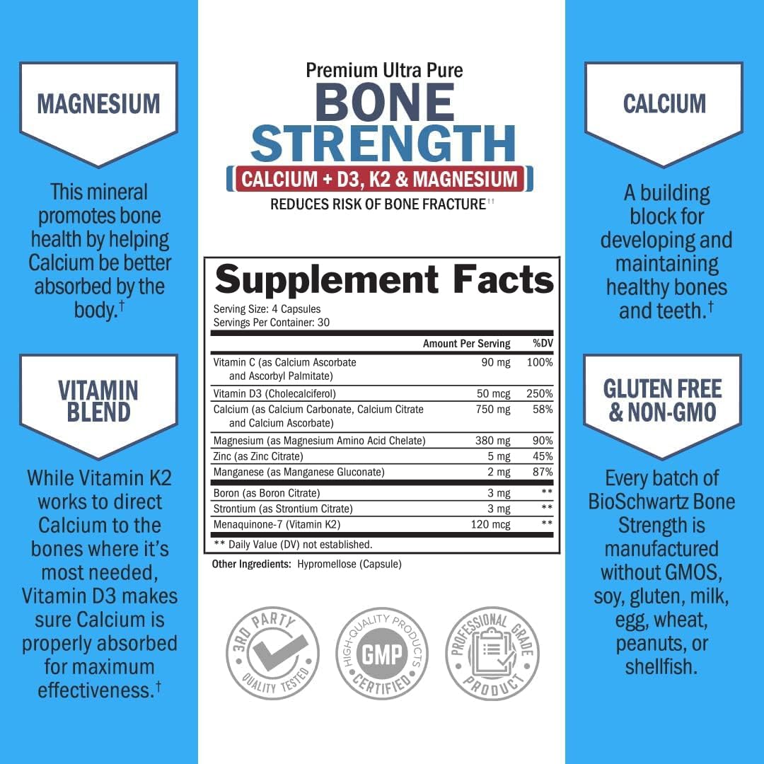 Bone Strength Supplement with Calcium + D3, K2 & Magnesium - Highly Absorbable