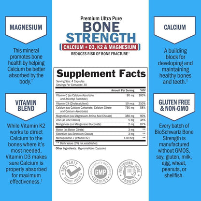 Bone Strength Supplement with Calcium + D3, K2 & Magnesium - Highly Absorbable