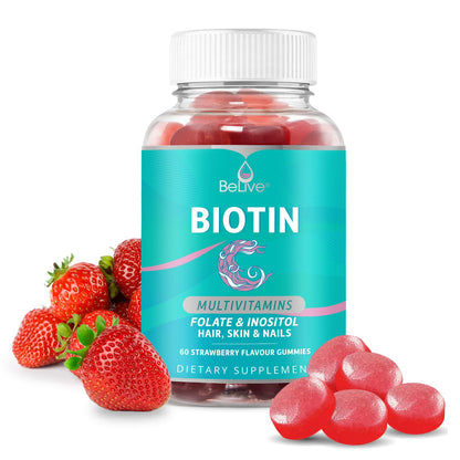 BeLive Biotin Gummies - Skin, Nails & Hair Vitamins with A, C, D, E, B12, Zinc, Folate & Inositol