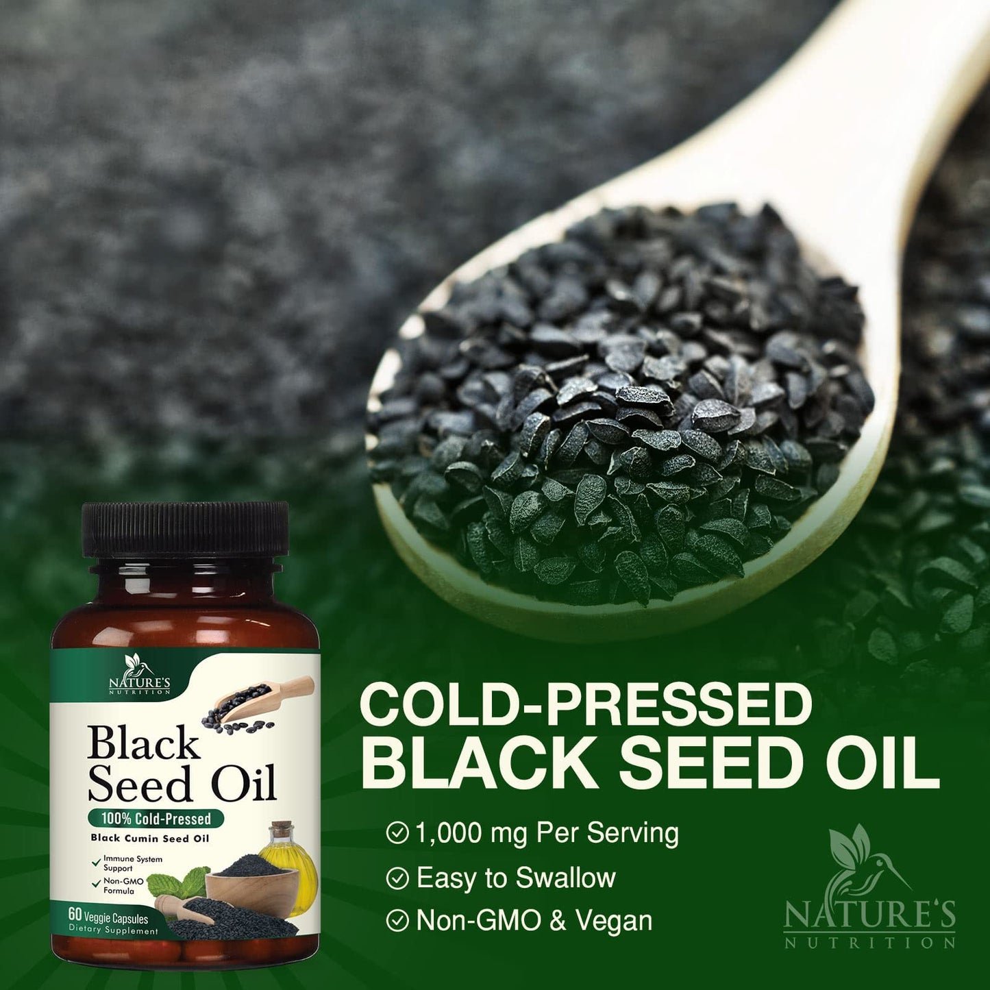 Black Seed Oil Capsules 1000mg - Vegan Cold-Pressed Nigella Sativa Black Seed Oil