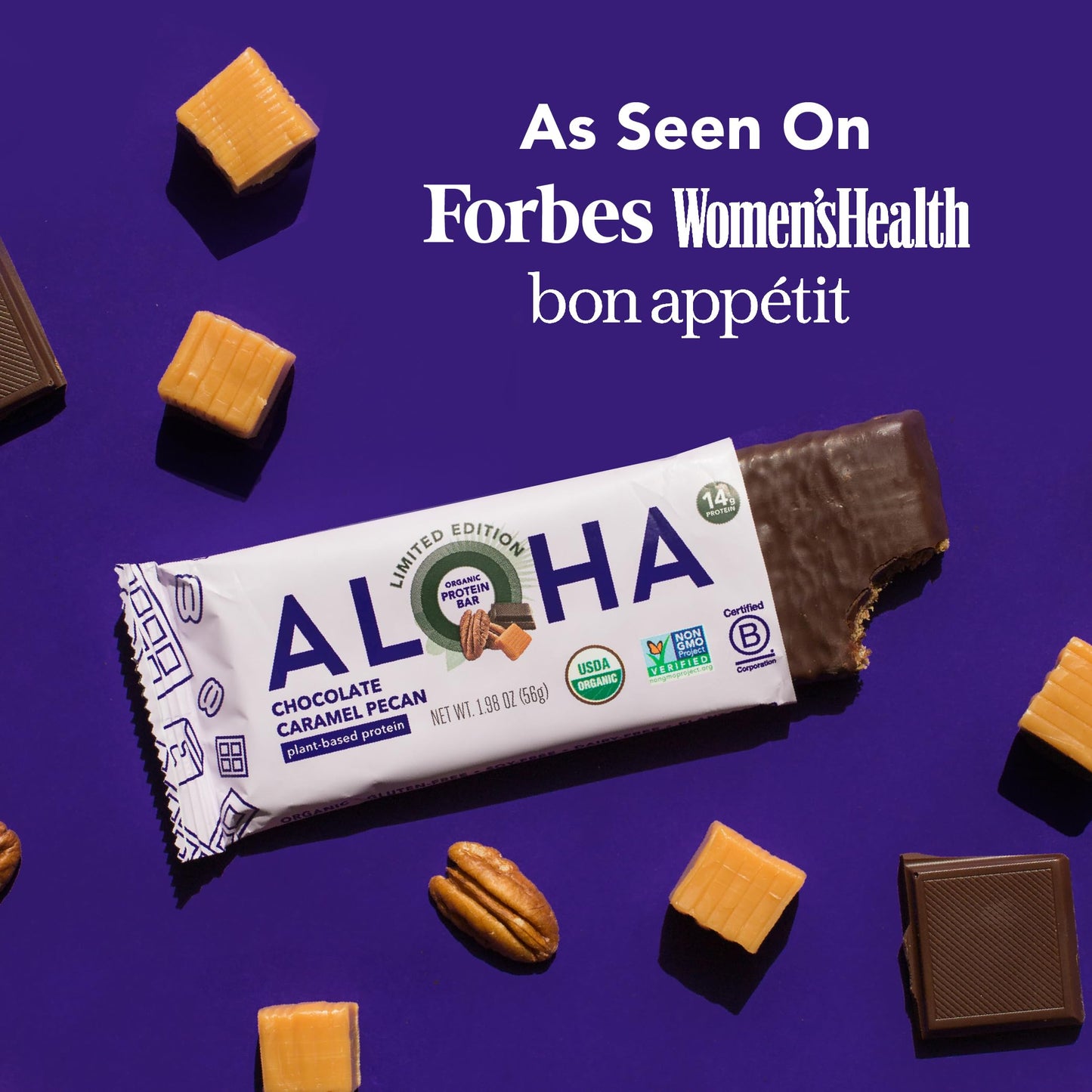 ALOHA Organic Plant Based Protein Bars | Chocolate Caramel Pecan | 12 Count, 1.98oz