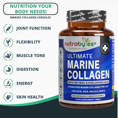 High Strength Marine Collagen with Hyaluronic Acid, Retinol and Vitamin C | 180 Capsules - 3 Months Supply